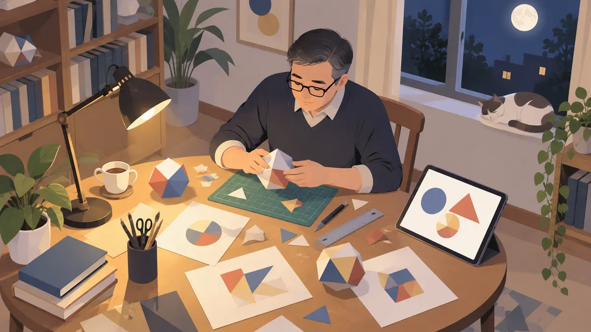教师在家中夜晚设计几何教学材料