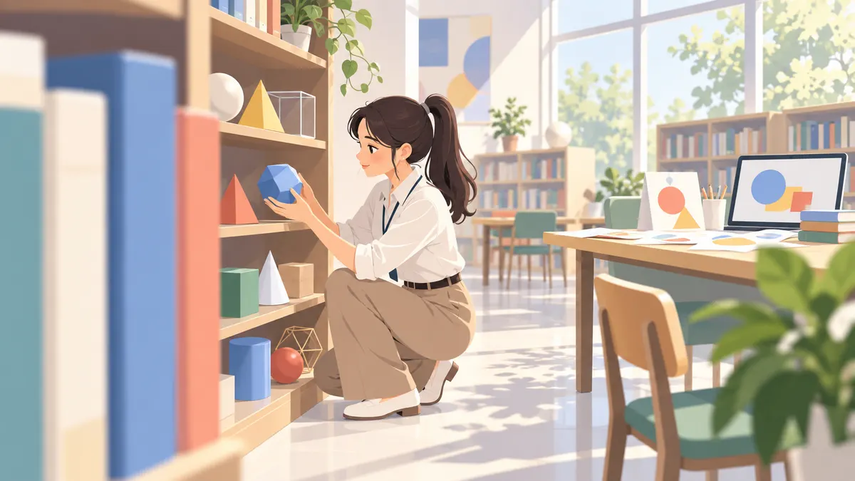青年女教师在图书馆挑选教学模型